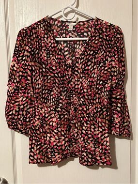Cato Black Pink & Cream Smocked V-Neck Leaf-Print Blouse